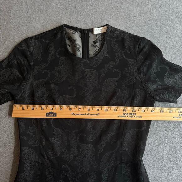 Sandro Paris Ruffle Hem Mini Dress Womens 1 Black Tiger Print Short Sleeve - Picture 12 of 16